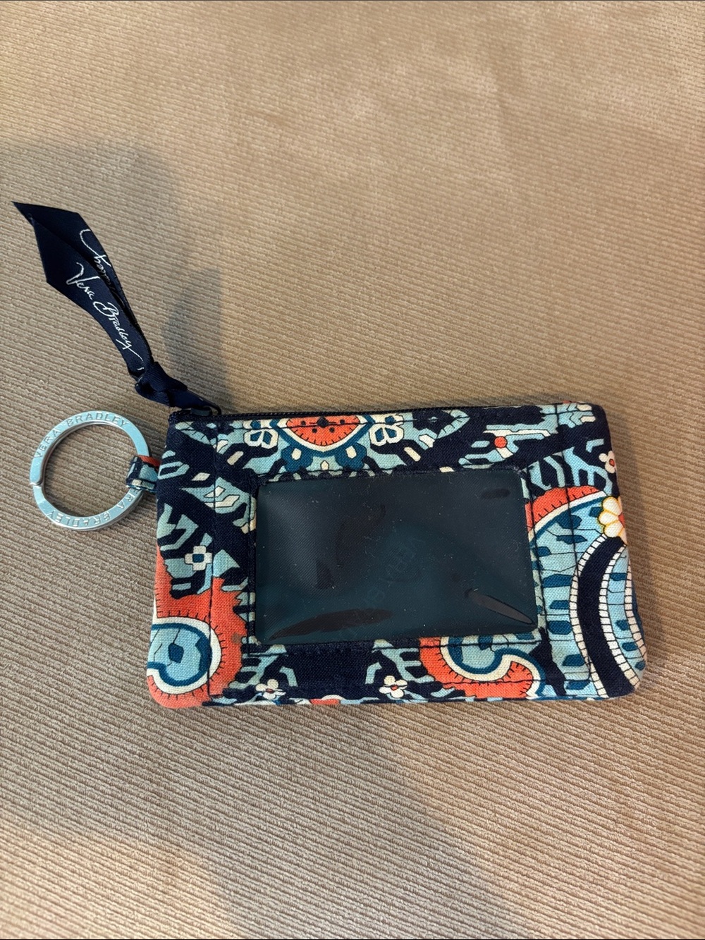 Vera Bradley Quilted ID Case with Key Ring — Navy, Teal, Orange